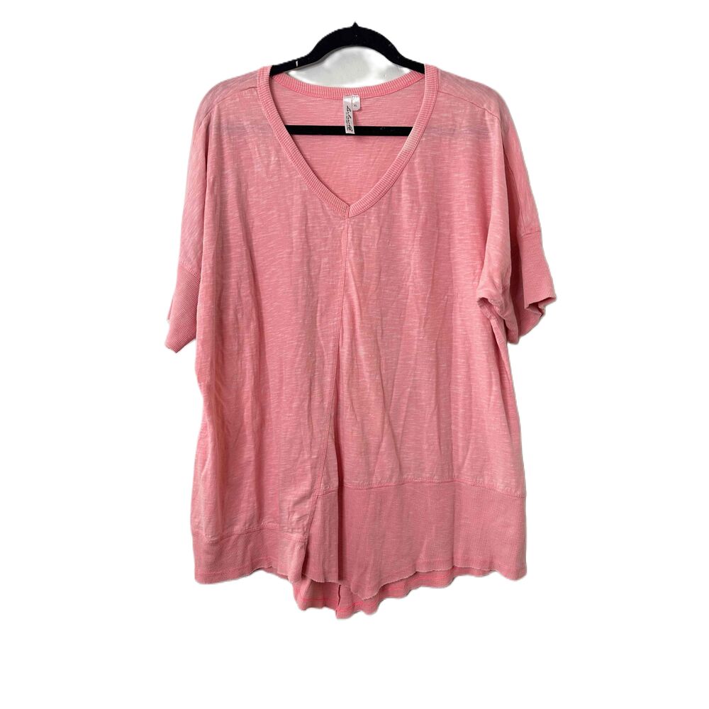 Lulu B Top Womens Size XL Pink V Neck Tunic Short Sleeve Distressed Athletic Top